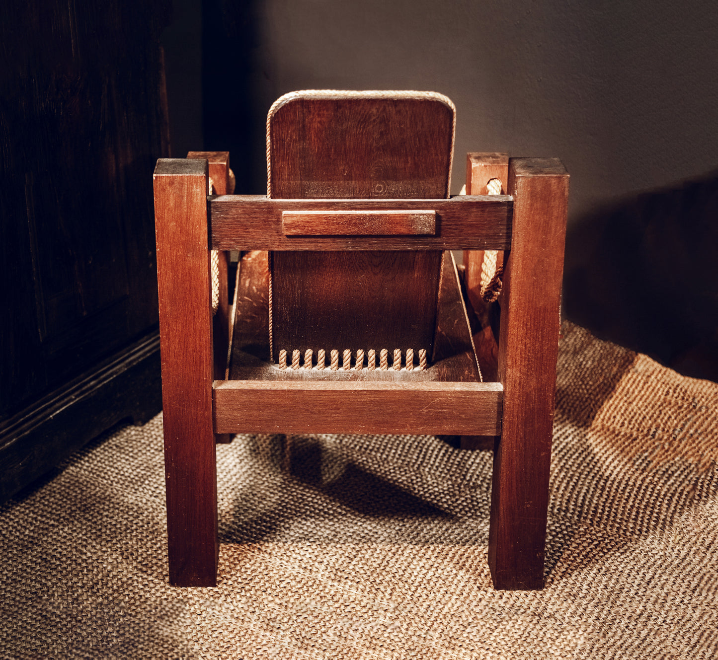 French designer armchair in oak, nautical design features with rope